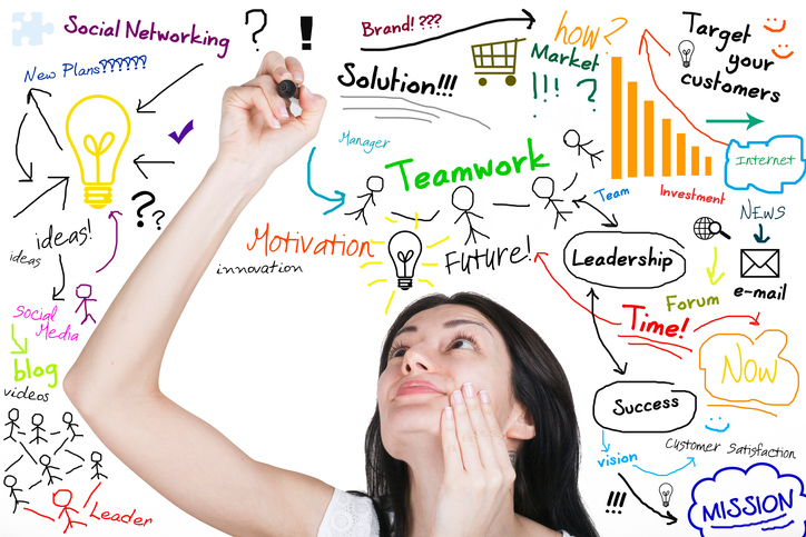 Young woman drawing and writing business related things, business brainstorming - on white isolated surface/air