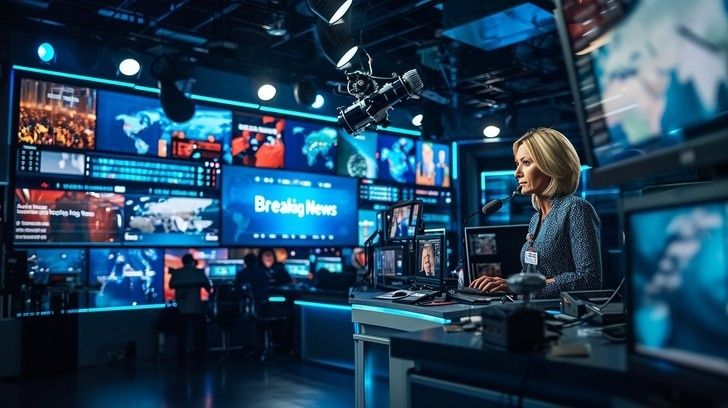 Nyhetsstudio med reporter och skärmar för direktrapportering